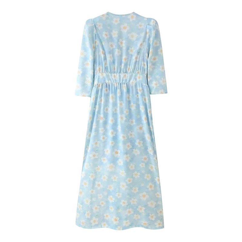 Keanketian outono novo estilo de férias feminino único breasted manga comprida em camadas com decote em v vestido de impressão floral saia longa