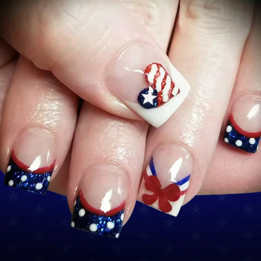 Fake Nail French Tips Press on Square Fake Nails for Independence Day Glues On Artificial False Nails Square Press On False Nail
