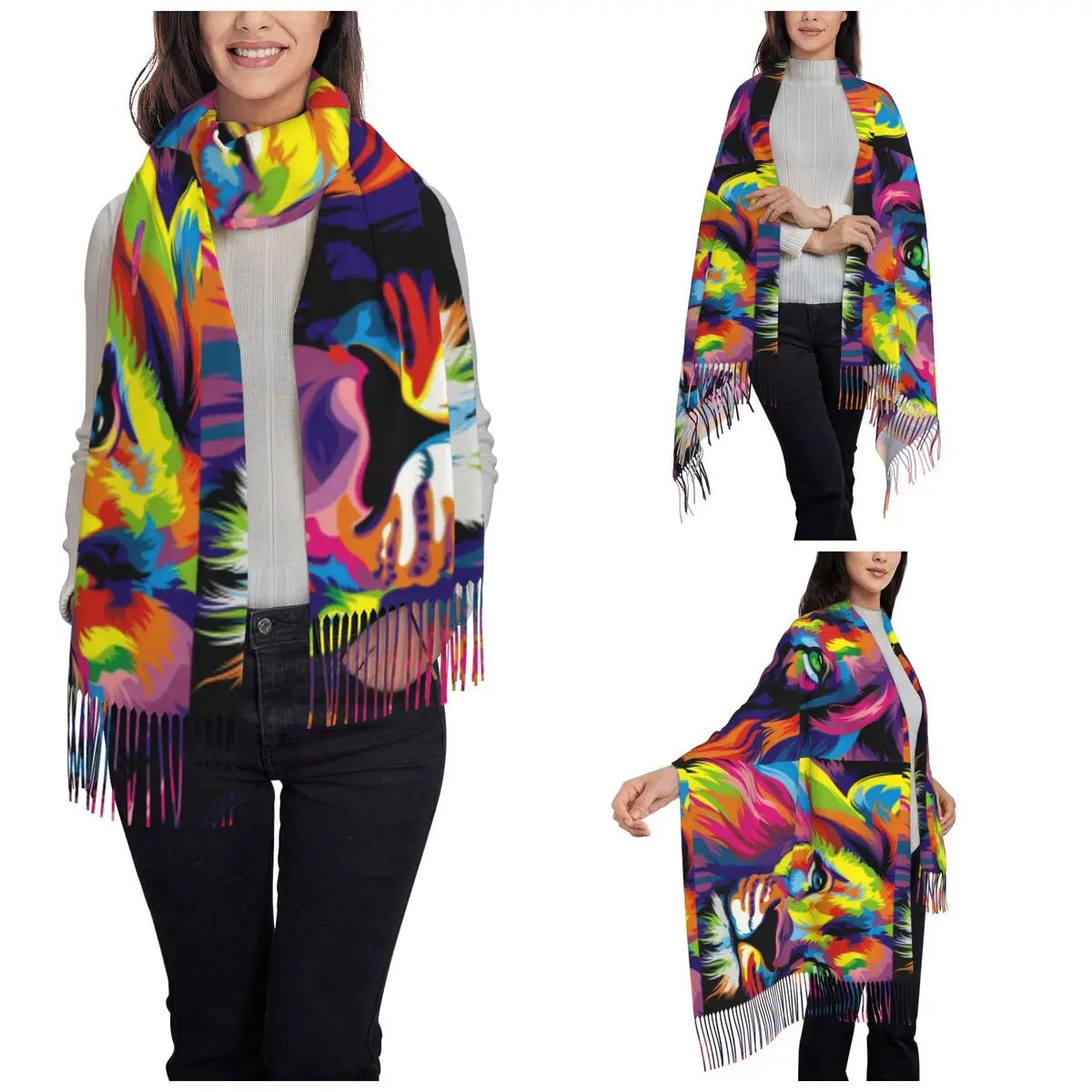 Womens Scarf with Tassel Banksy Rainbow Lion Graffiti Pop Art Large Super Soft Shawl and Wrap Gifts Pashmina Scarves