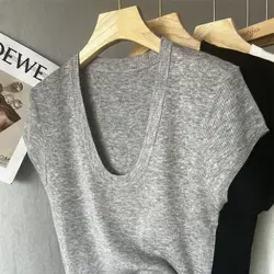 Summer New Women's Screw Thread Crew Neck Solid Color Pullovers Spliced Short Sleeve Fashion Loose Comfortable Knitted Tops