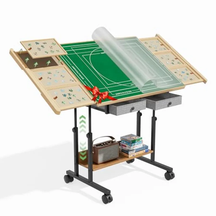 

Puzzle Table with Drawers - 1500 Pieces Jigsaw Puzzles Table for Adults, Tilting Puzzle Board with 6 Sorting Trays and Cover, T