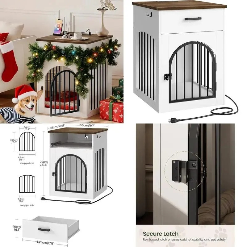 Modern Wooden Dog Cage Furniture with Charging Station and Storage Drawers for Small Dogs White Walnut Finish for Living Room