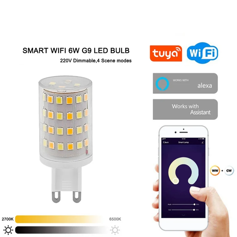 

A82I-Tuya Smart G9 LED Bulb 6W, Voice Control, Dimmable Wifi Smart Light, Halogen Alternative, 2700-6500K, EU Plug