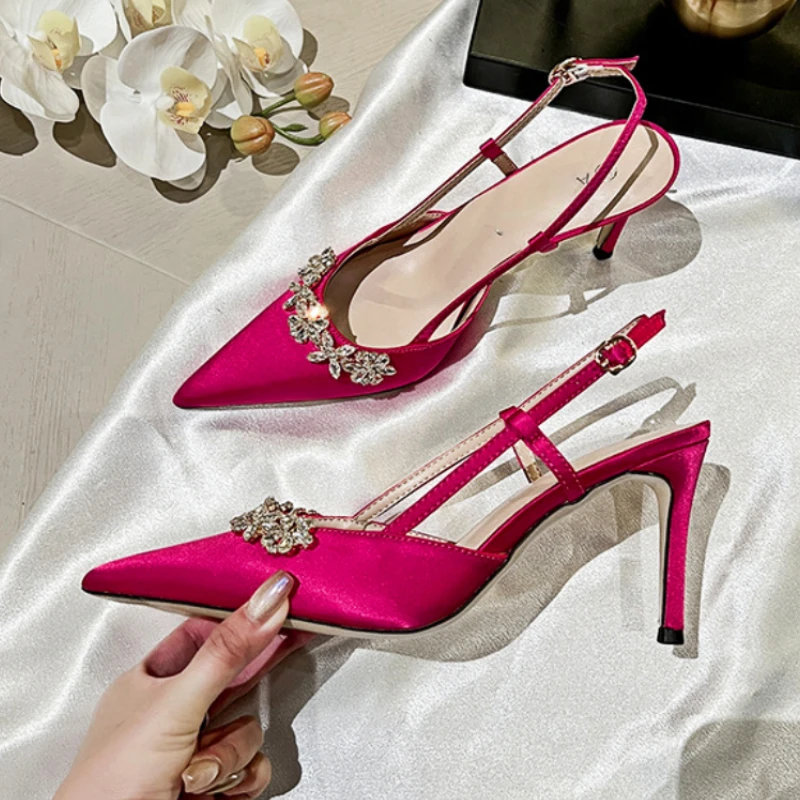 Rhinestone Satin High Heeled Sandals Women Pointed Toe Party Dress Shoe Elegant Designer Shoes Luxury Fashion Muller Pumps Women