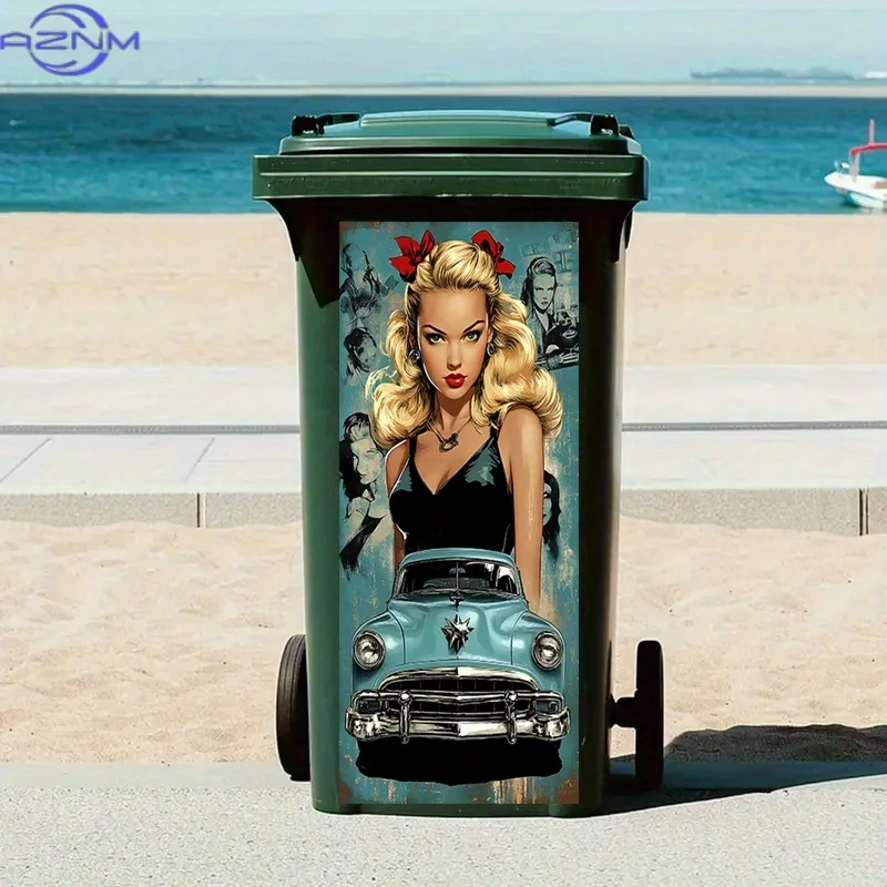 1pc Luxury Pin-Up Style Blonde Woman & Classic Car Peel-and-Stick Trash Can Sticker - High-Gloss Paper Decal for Plastic Bins,
