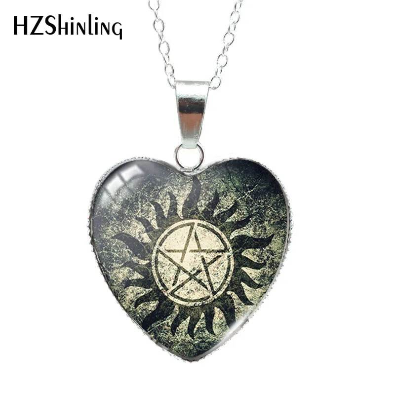 Supernatural TV Paintings Heart Shaped Glass Cabochon Pendants Handmade Necklace Jewelry