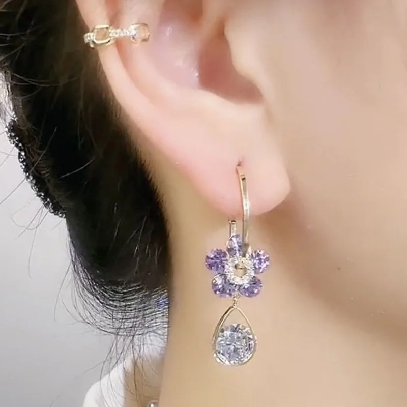 New Purple Crystal Flower Dangle Earrings For Women Girls Shining Zircon Love Heart Waterdrop Earring Wedding Luxury Jewelry