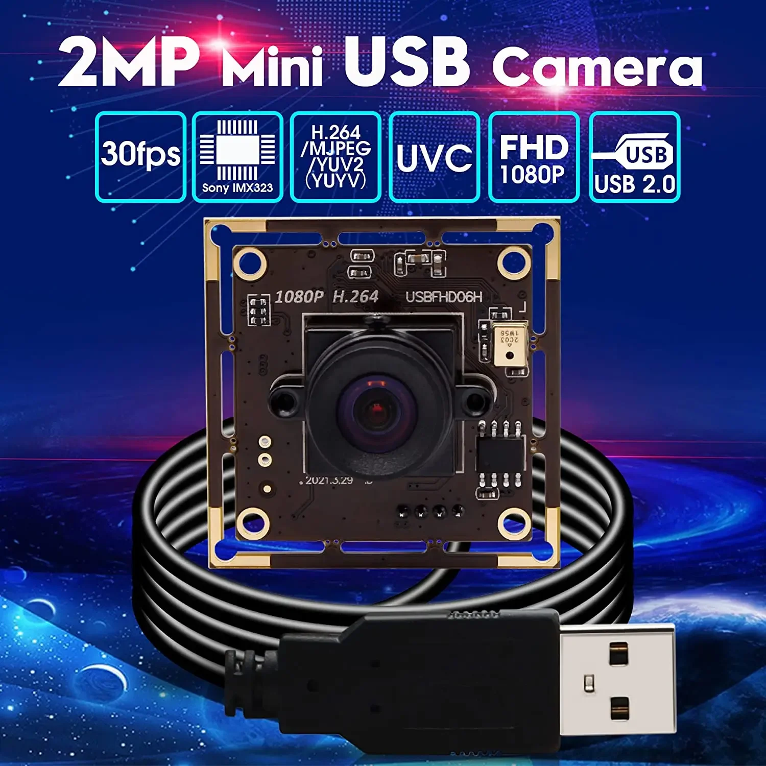 ELP USB Camera Module HD 1080p Low Light Camera with No Distortion Lens High Speed USB 2.0 Webcam 30fps H.264 Mini USB Camera