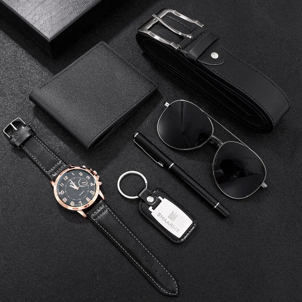 Men Gift Box Watch Business Luxury Company Mens Set Watch Glasses Pen Keychain Belt Purse Welcome Holiday Birthday