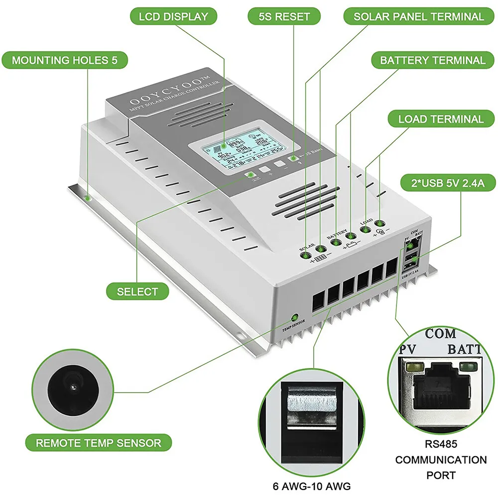 OOYCYOO MPPT جهاز التحكم في الشحن 100 أمبير 12 فولت/24 فولت، منظم شحن الألواح الشمسية 100 أمبير مع شاشة LCD Blacklight بحد أقصى 100 فولت #2