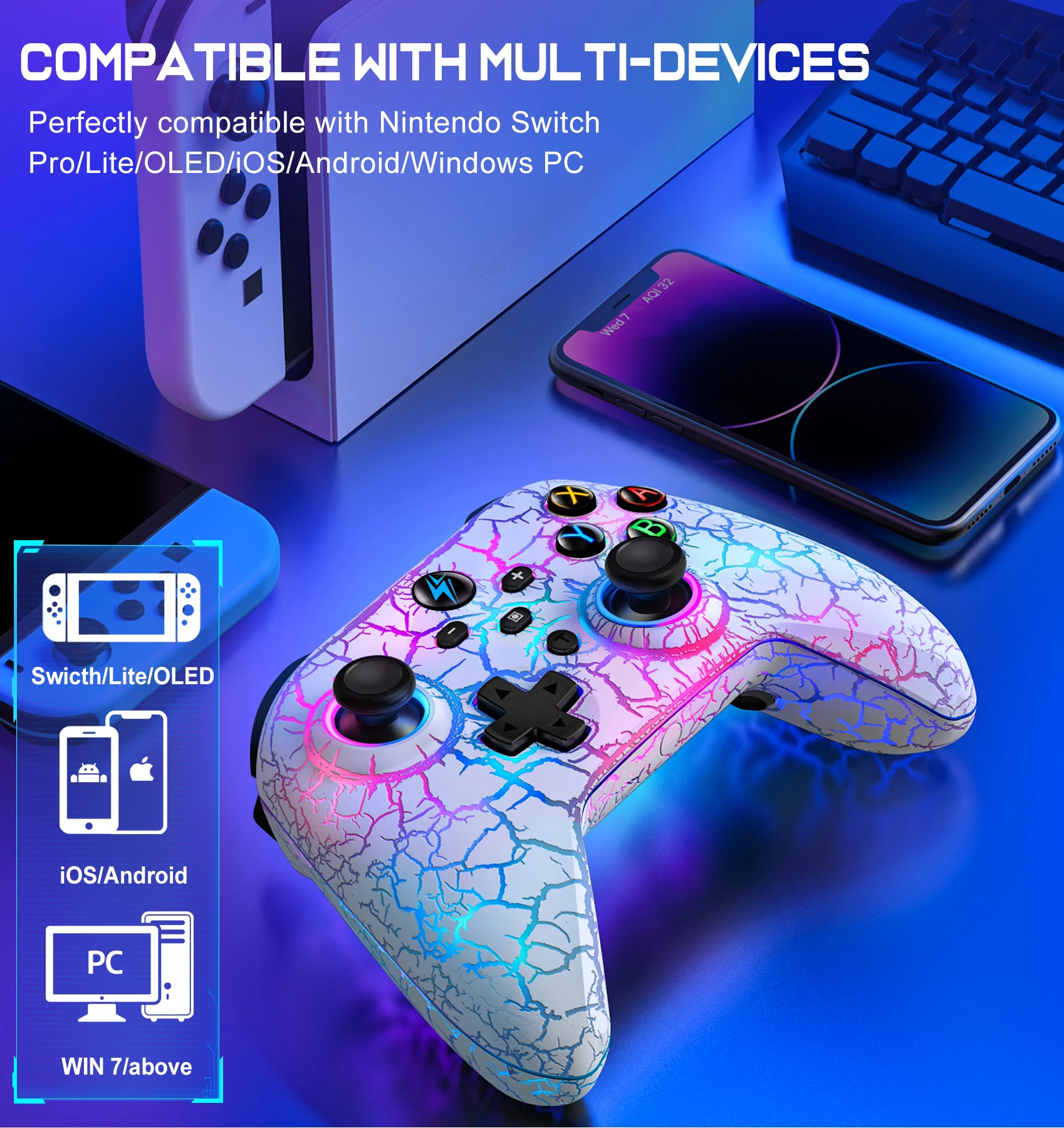 Dinofire bezdrátový Bluetooth RGB regulátor pro nintendo spínač oled/lite/android/ios/pc počítač hra gamepad bezdrátový joysticku