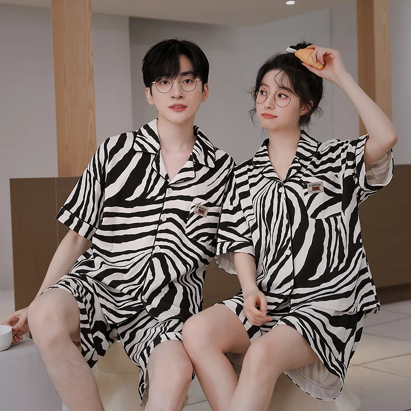 Summer Couple Pajamas Sets Korean Women Sleepwear Leisure Cotton Plus Size Short Sleeve Men Homewear Cardigan Pjs Loungewear