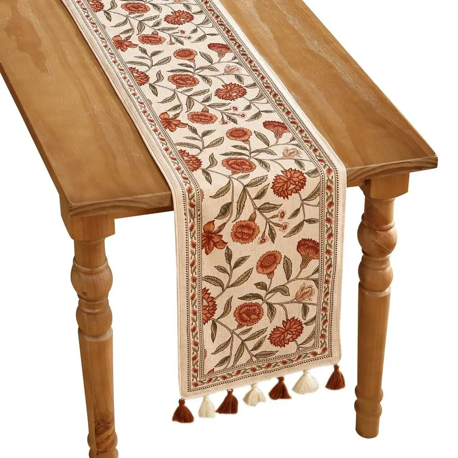 

Дизайнерская элегантная льняная дорожка на стол длиной 87 дюймов, винтажная оранжевая дорожка с цветочным узором для обеденных столов, декора кухни