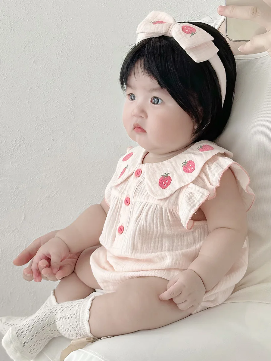 Baby Girl Cotton Gauze Onesie Sleeveless Cute Summer Bodysuit Breathable Baby Clothes for Daily Wear