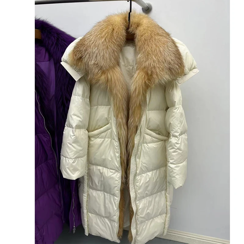 Nowa, luksusowa kurtka puchowa z futrzanym kołnierzem, długa, za kolano, luźna, ocieplana, z kapturem, odzież wierzchnia damska, styl casual, 2025.