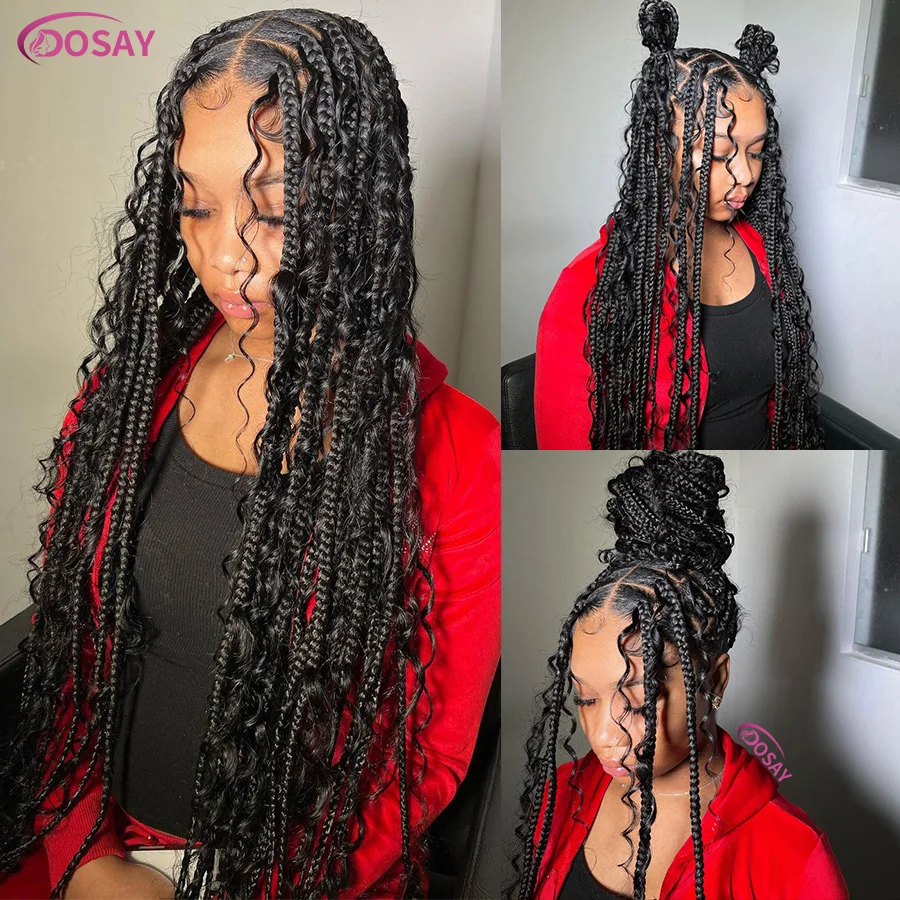 Syntetyczne pełne koronkowe plecione peruki bez węzłów Box Cornrows Braids Wig With Baby Hair Boho Braided Lace Wig With Curly Ends For Women