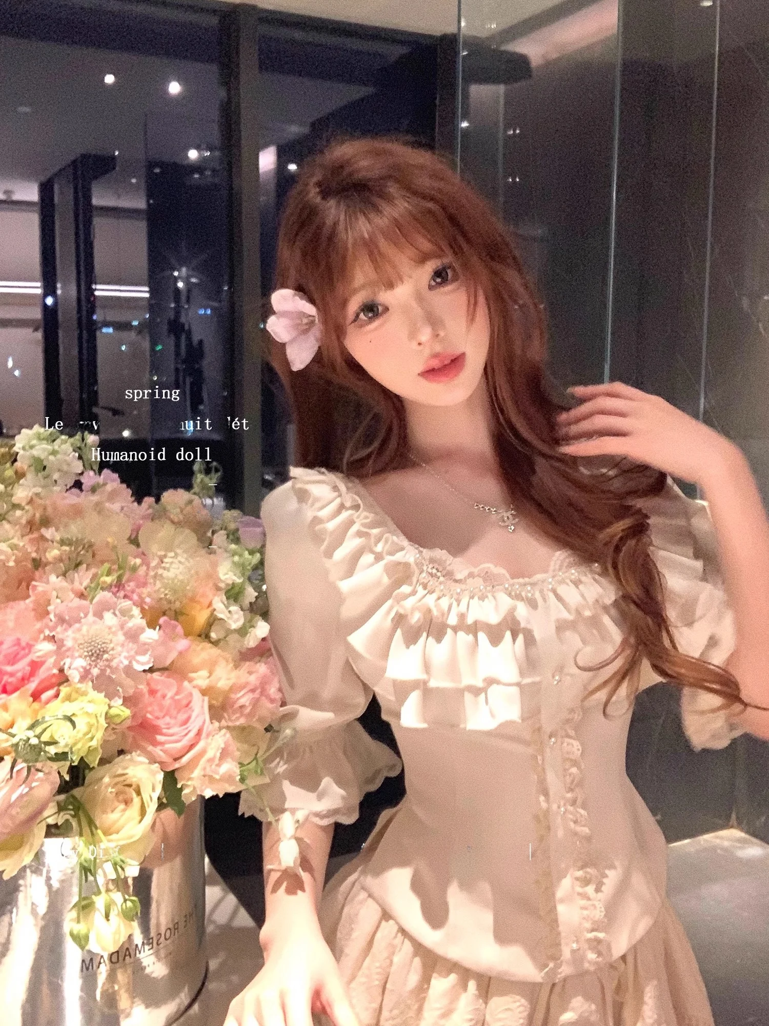 

Lazy Didi Pearl Starburst Satin Corner Waist Princess Bubble Sleeve Top Tulle Puffy Skirt Cake Half Skirt Fashion Set for Women