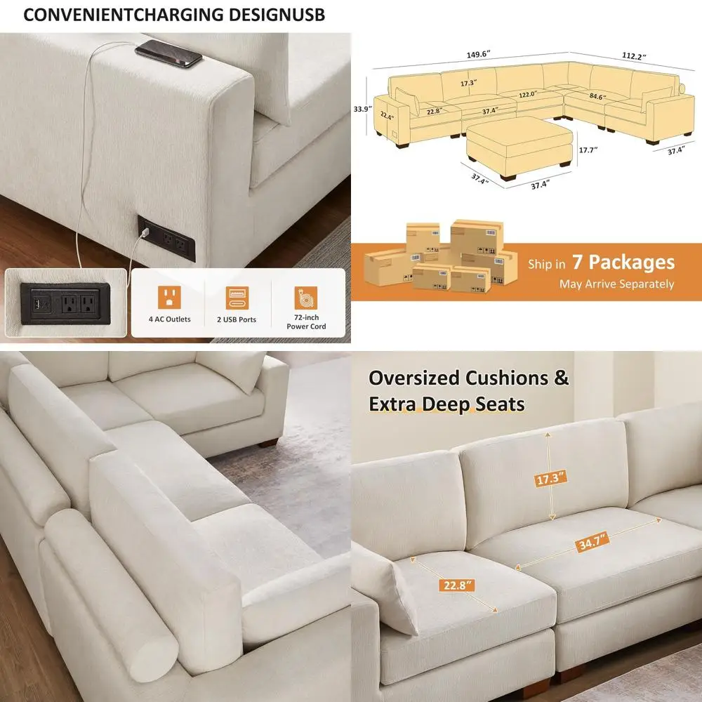

Luxurious Oversized Sectional Sofa with Built-In Charging, Plush Cloud-Like Deep Seating, and Versatile Convertible Options for