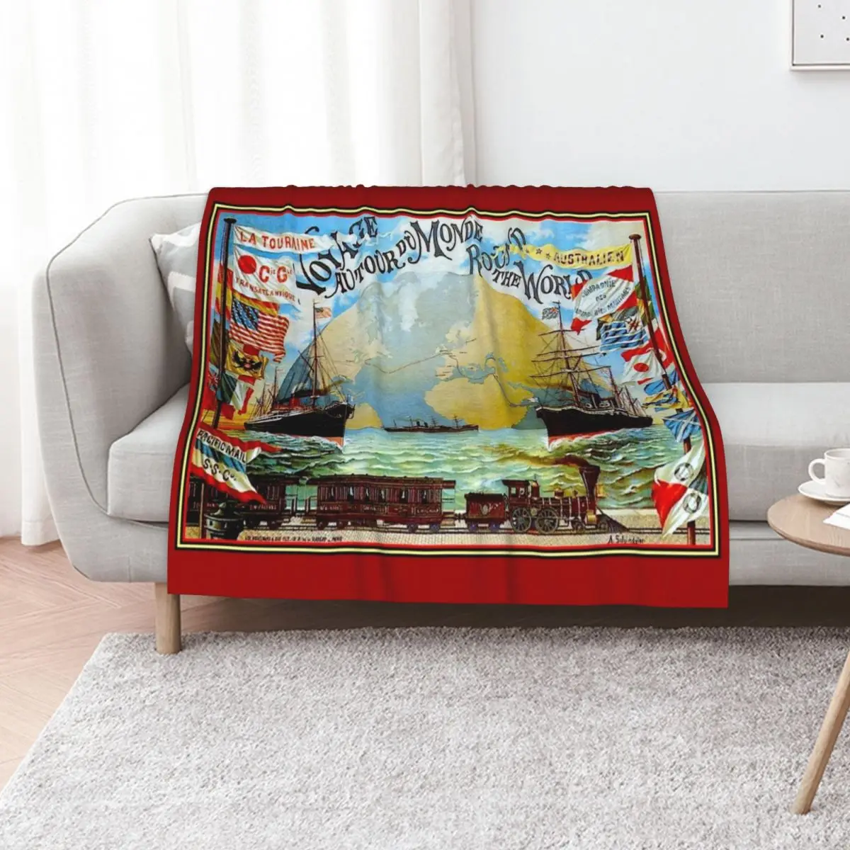 

Around The World in 80 Days; Vintage Jules Verne Print Throw Blanket Softest Summer Beddings Luxury Designer Blankets