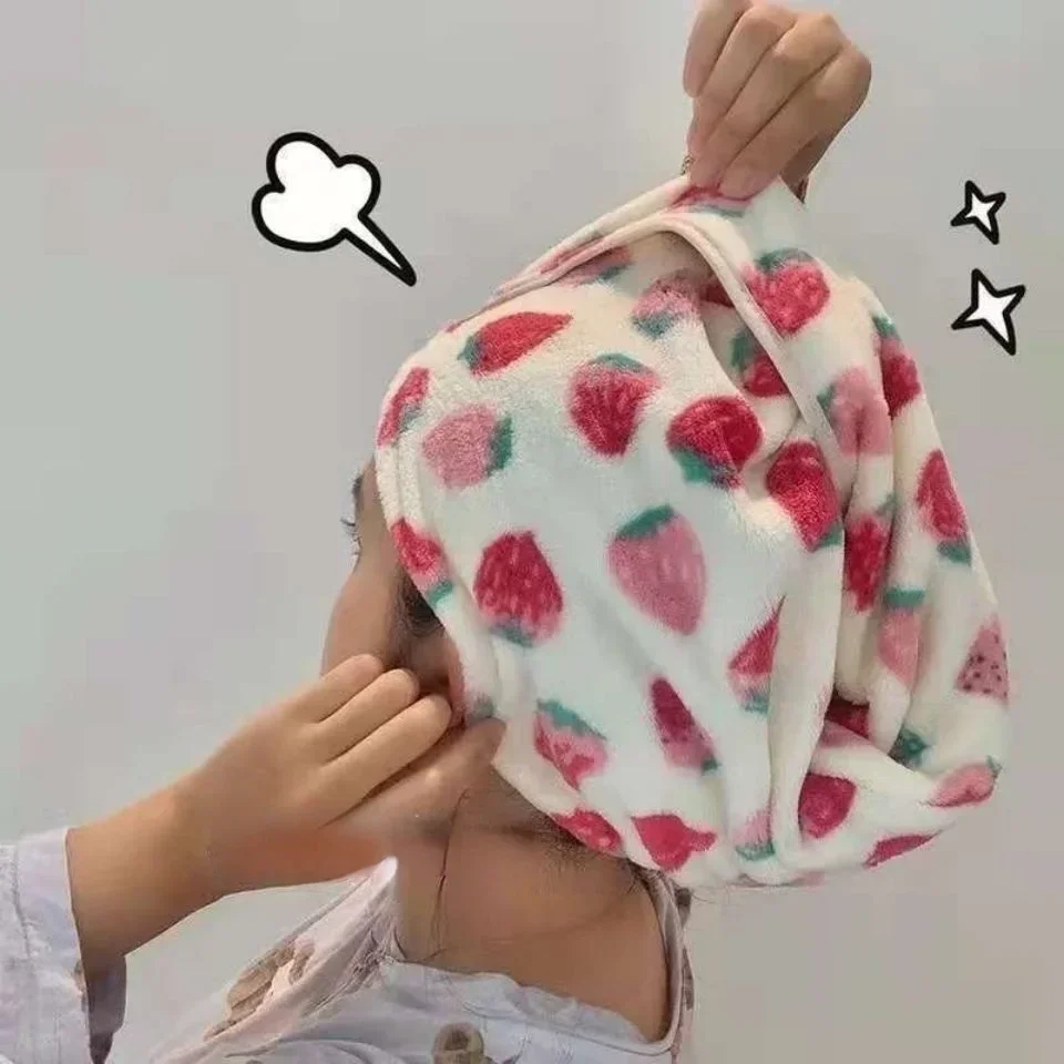 

Hair Towel Drying Hat Women Strawberry Fruit Printed Quick Drying Shower Caps Soft Microfiber Double-layer Hair Towels Sweet New