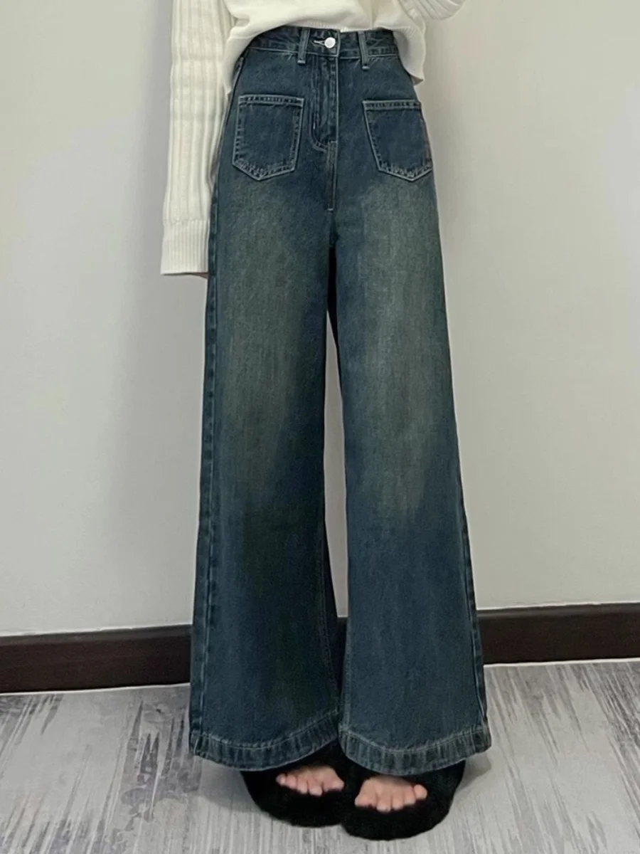 

Широкие джинсы с высокой талией в стиле ретро, женские осенние новые длинные прямые брюки длиной до пола, дизайн больших размеров
