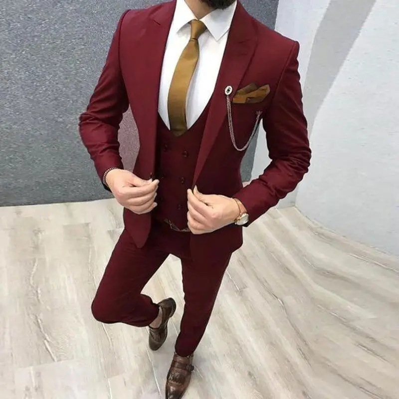 Men Suits 3 Piece Formal Groom Tuxedos for Prom Party Tailored Suit Men's Celebration Important Interview Peak Lapel Blazer Set