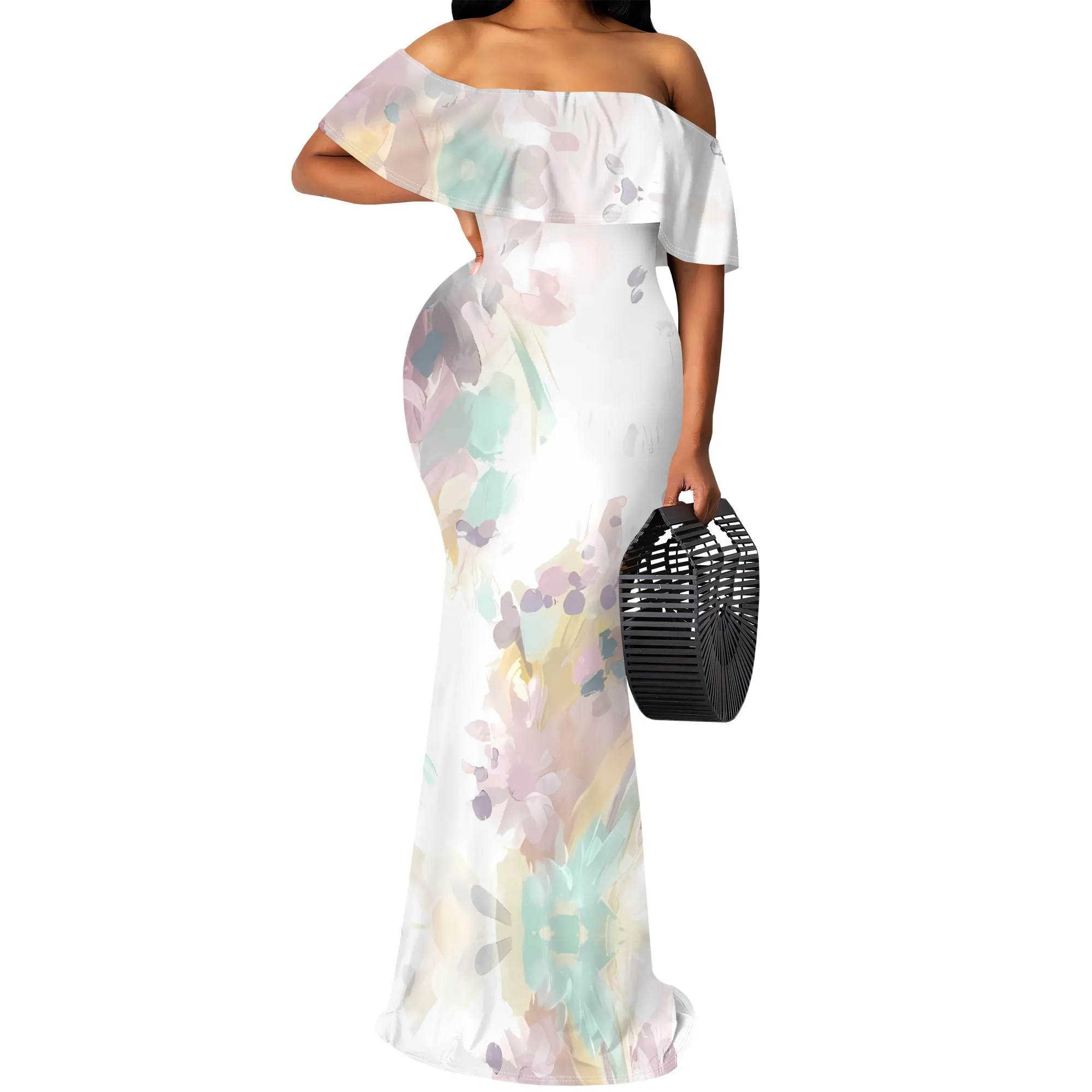 プラスサイズオフショルダーライトブルーボケプリントマキシドレスエレガントな誕生日ウェディングパーティードレス