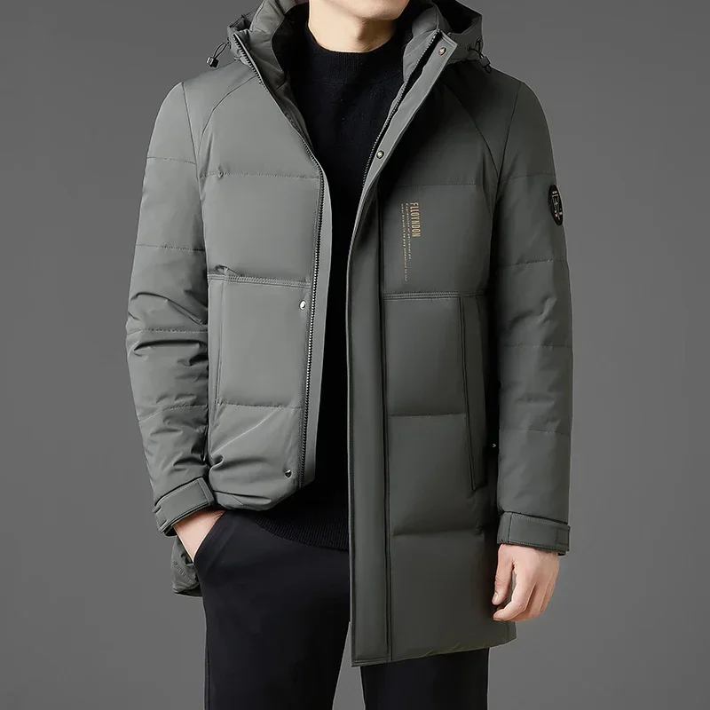 YEAE Men's Winter Long Down Jacket Removable Hat Designer Clothes Men Duck Down Padding Men's Padded Jacket Casual Male Coat