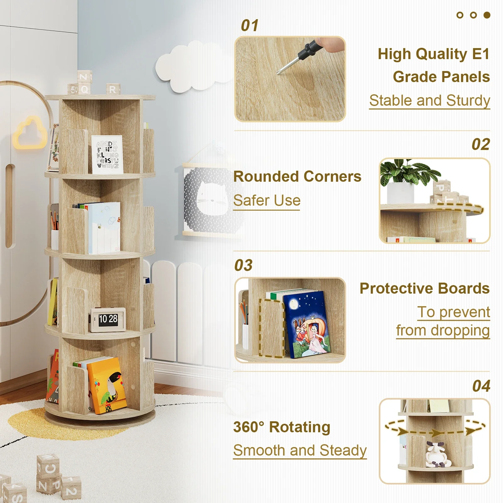 Torre de estantería giratoria, estantería de almacenamiento de pie de 4 niveles, estantería giratoria 360 para dormitorio, sala de estar, oficina