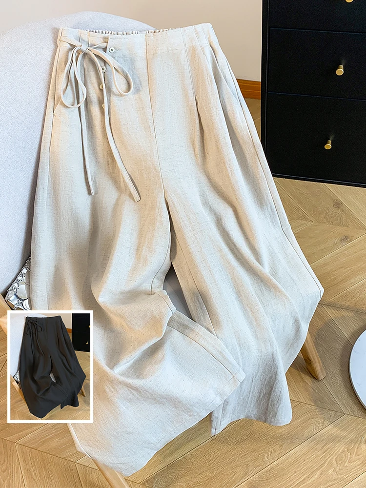 

Artistic Pure Color Design Buttoned Wide Leg Cotton Linen Pants Loose Fit Waist Casual Long Trousers for plus Size Women