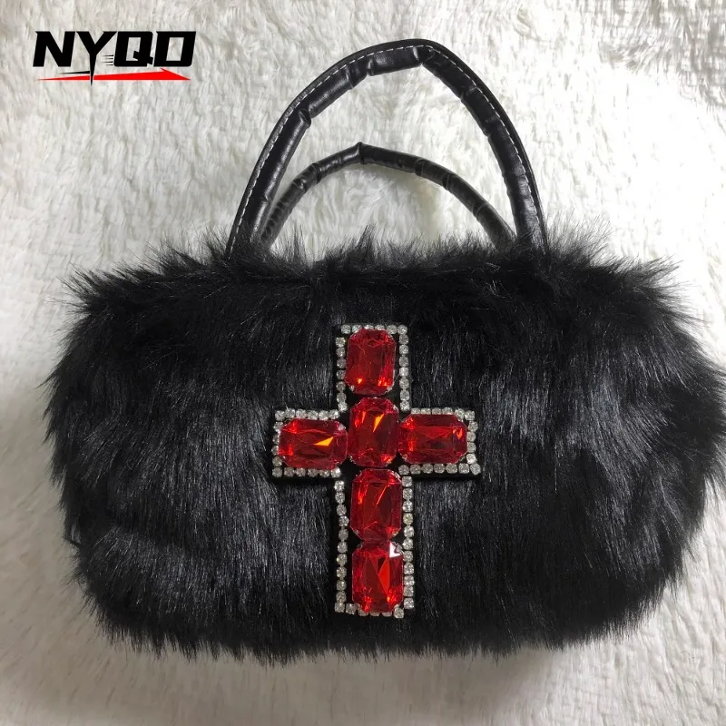 Spicy Girl Y2K Gothic Punk Handbags Women Subculture Plush Cross Shoulder Tote Bag Ladies Hip Hop Biker Crossbody Bag Bolsos