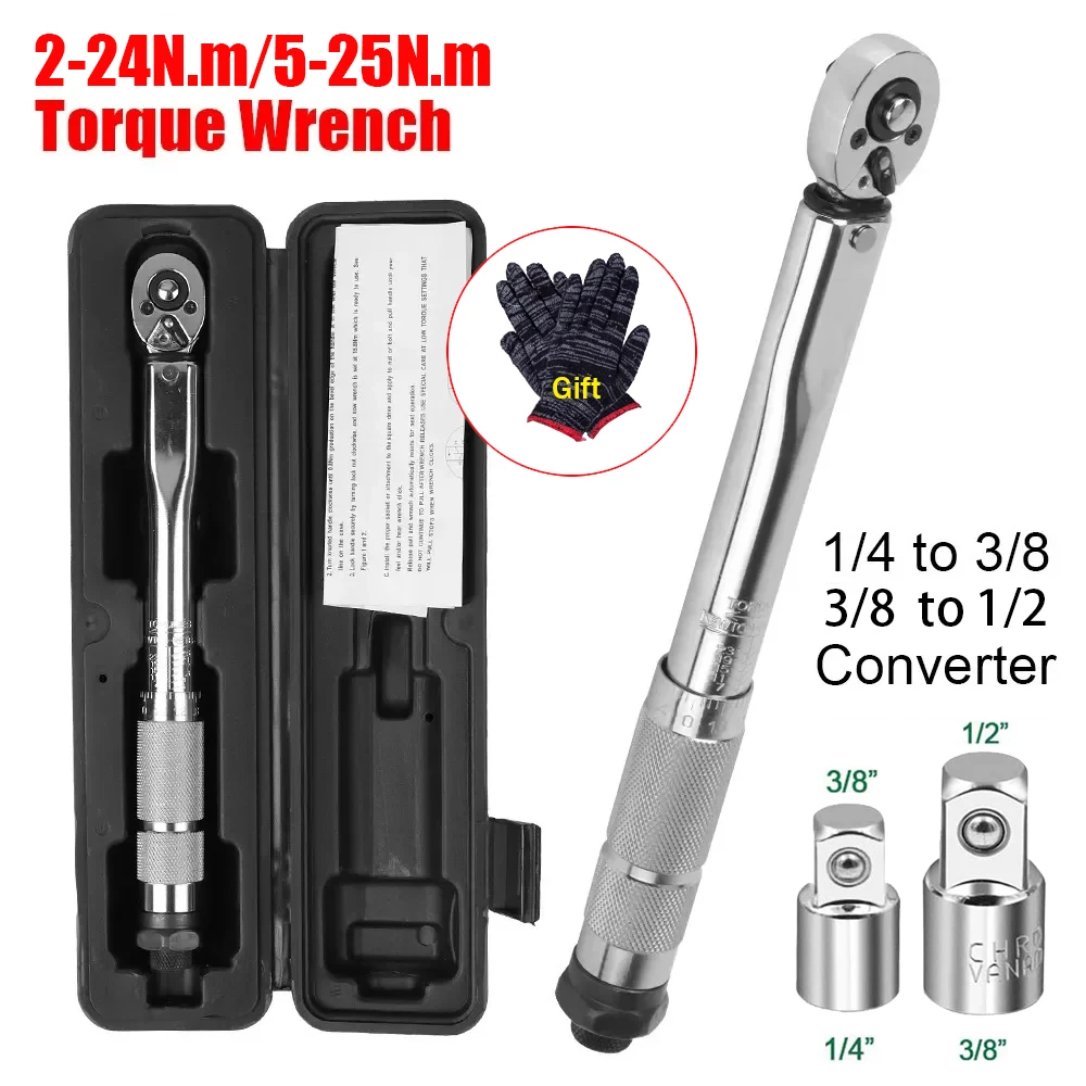 

2-25N.m Bicycle Motorcycle Car Disassembly Tool Professional Preset Two-Way Ratchet Torque Wrench 1/4" Hand Tool and Adapter