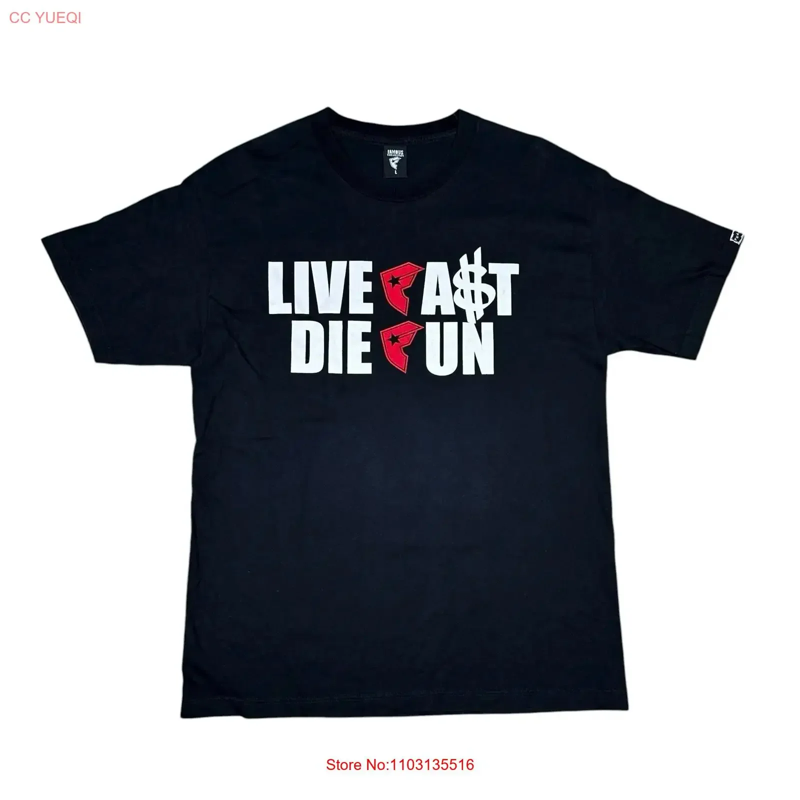Camiseta Y2K Cyber de la marca Famous Stars Straps con la frase Live Fast Die Fun So Cali Skate, talla L, estilo vintage lavado, ropa de diseñador, moda unisex.