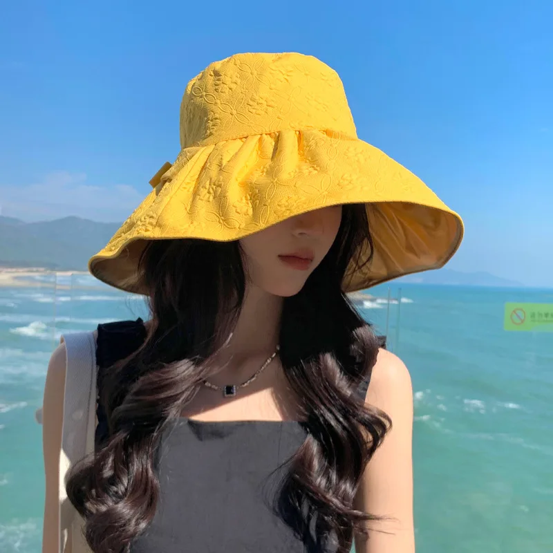 2023 Korean Female Online Influencer Embossed Color Plastic Protection Big Brim Summer Outdoor Travel Sun Hat Ti