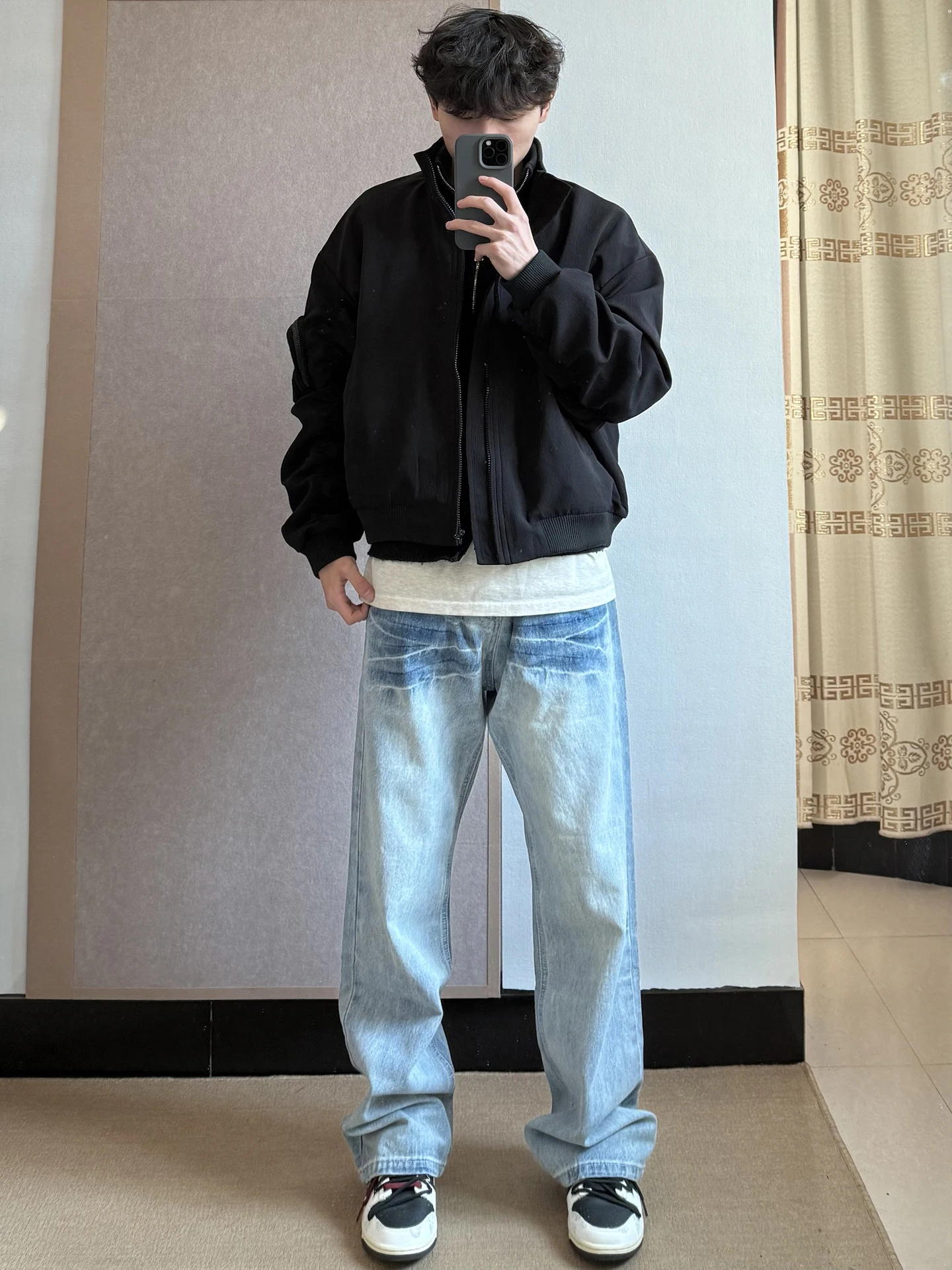 

Light Blue Lightning Pattern Men's Jeans Autumn OOTD CleanFit Flared Straight Leg Pants Middle Waist Zipper Wear Resistant