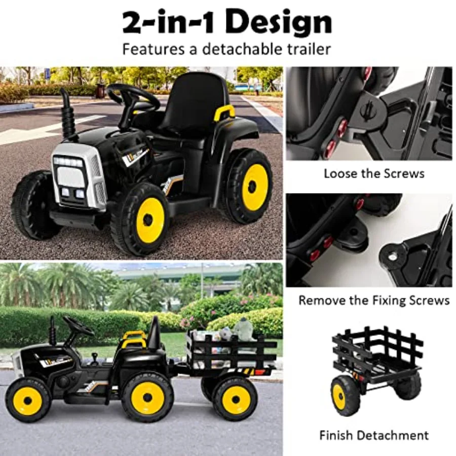 Ride On Tractor with Trailer 12V Electric Vehicle for 3-Gear-Shift Ground Loader LED Lights Horn Music Battery Powered Ride On