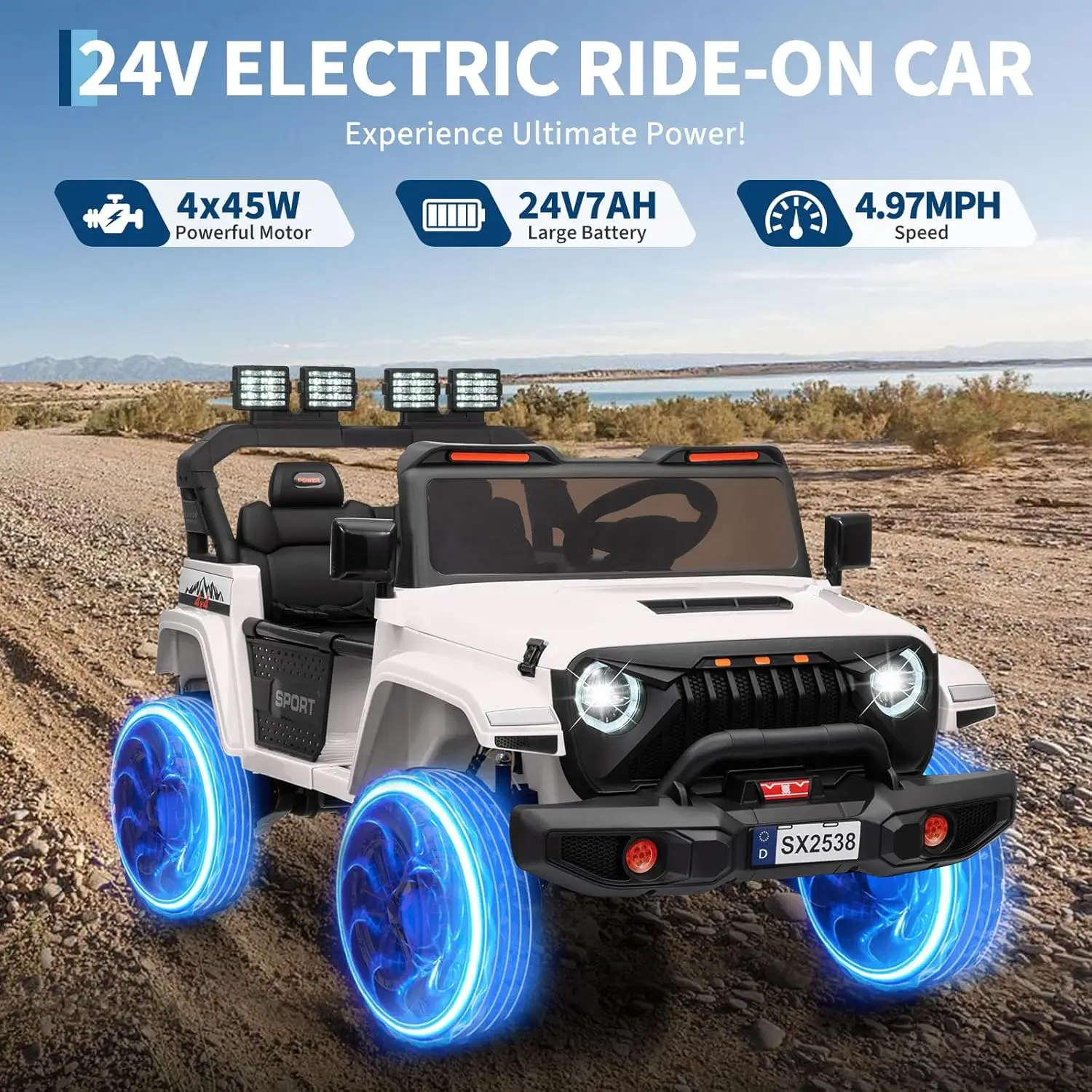 Giro in auto a 2 posti per bambini, giro elettrico su camion giocattolo 24V con telecomando, carrozzeria regolabile per divertimento all'aria aperta dei bambini