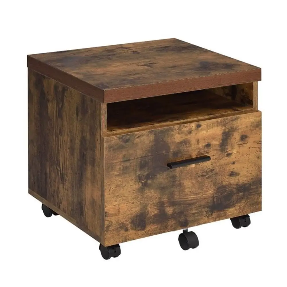 File Cabinet, Weathered Oak Finish, Wooden Frame with 1 Drawer and Open Storage, Rectangular Design on Caster, Customized