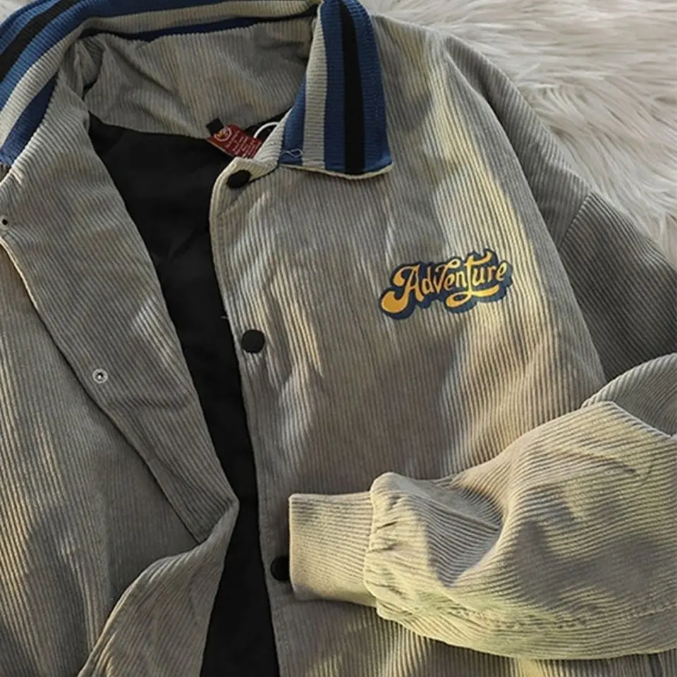 American retro high street baseball uniform jacket for men and women spring and autumn casual oversize loose corduroy jacket top