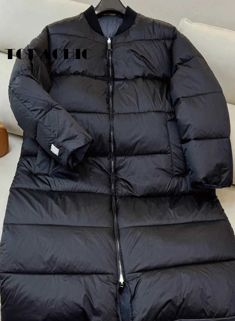 9.5 TOPACHIC-Women Collarless Double-Sided Wear Design Zipper Down Jacket High Quality Goose Down Keep Warm Long Loose Outerwear