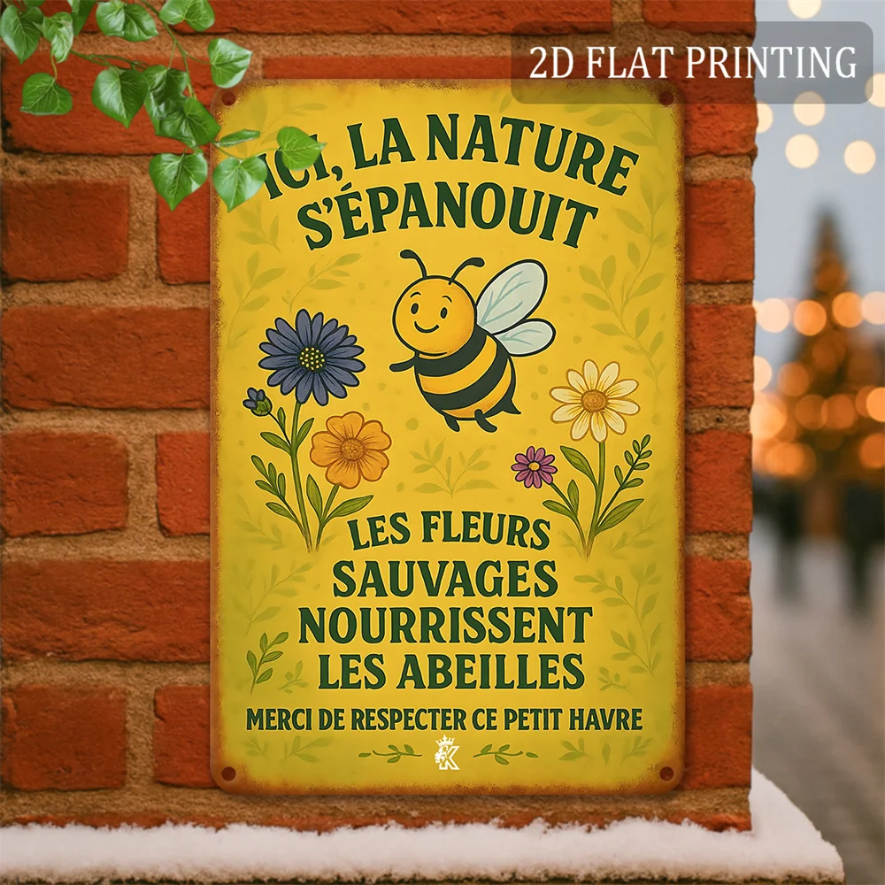 2D Flat-A Single Item,a 2D Vintage Metal Sign, Featuring a Nature Quote about Wildflowers And Bees,Adorned with Bees And Flowers