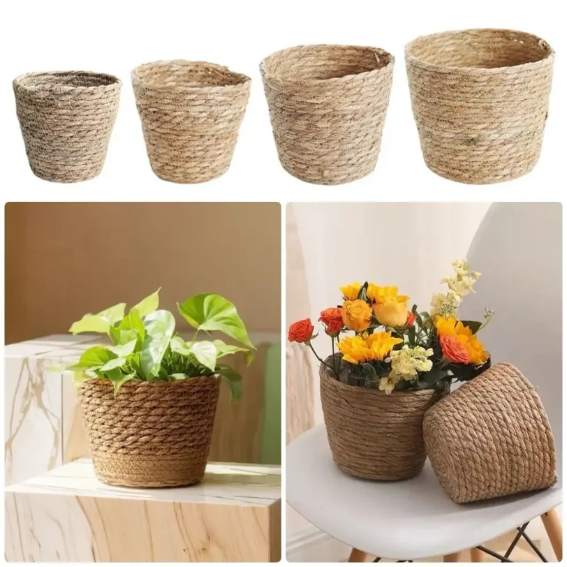 

1Pcs For Garden Terraces Flower Pot Basket Rattan Straw Planter Basket Grass Woven Flowerpot Furniture Decoration Mini/S/M/L