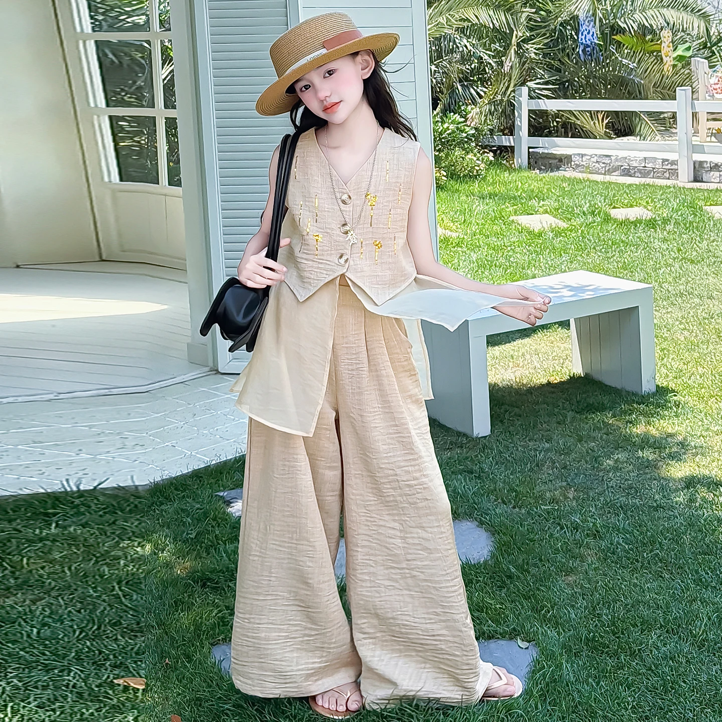 Kids Girls Summer 2PCS Vest Outfit Splicing vest design sense Top + Wide Leg Pants Set Streetwear Children Girl Casual Outfits