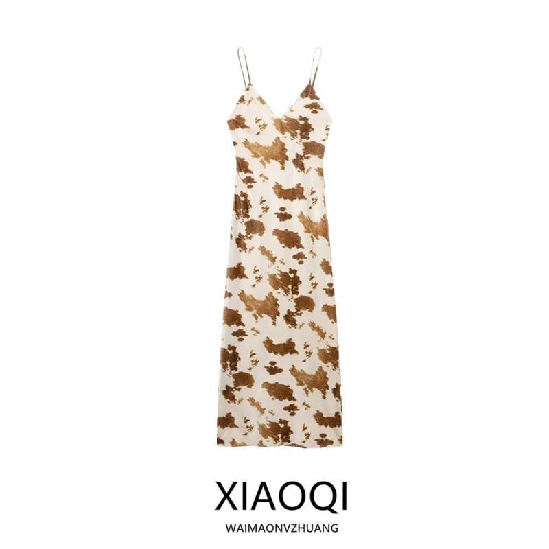 Jedwabna Satyna Tekstura Dekolt V Ramiączka Midi Spódnica Damska Moda Wiosna Nowość Ele Prosta Elegancka Do Pracy