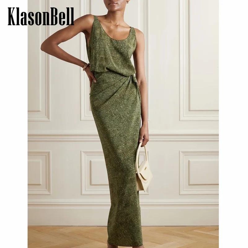 2.25 KlasonBell Green Print U-Neck Dress Temperament Wraparound Collect Waist Sleeveless Maxi Silk Dresses Fit Women