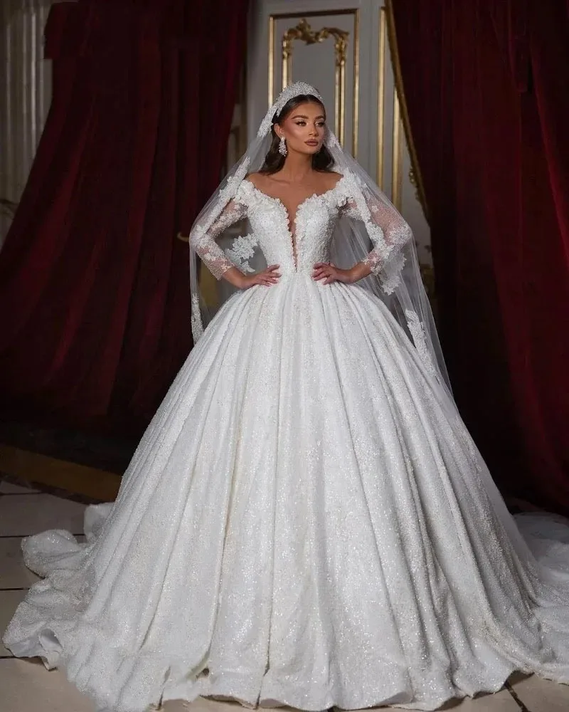 Customized 2026 New White Beaded Wedding Dresses Long Sleeves Chapel Wedding Gowns For Women Vestido Blanco Bride Dresses