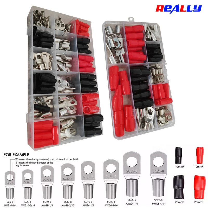 SC Terminal Connector Kit 60/90/190PCS, Sizes 6-6/10-8/16-8/25-8/35-10, Copper Made with Insulated Sheaths