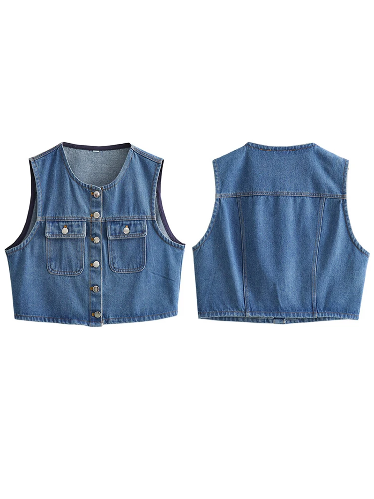 Fashion Denim Spliced Waistcoat Women Loose O-neck Metal Buttons Sleeveless Pockets Vests 2024 Autumn Lady Casual Streetwear New