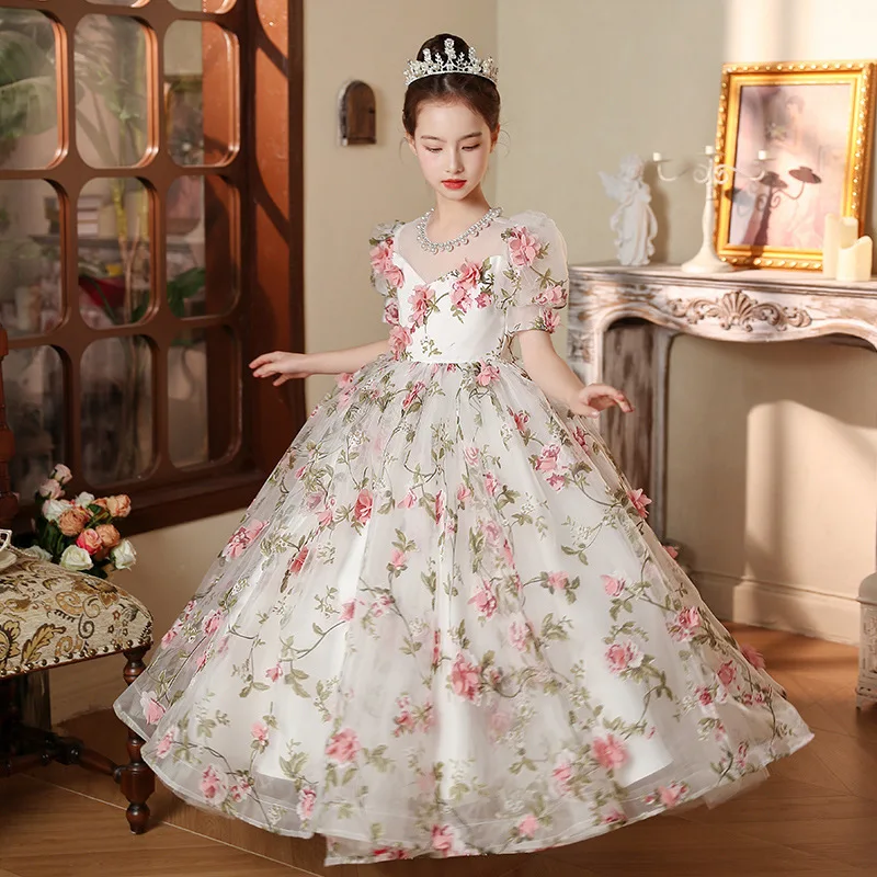 Children\'s Princess Evening Gown Fashionable flower Printed pearl Design Wedding Birthday Baptism Easter Eid Party Girls Dresses