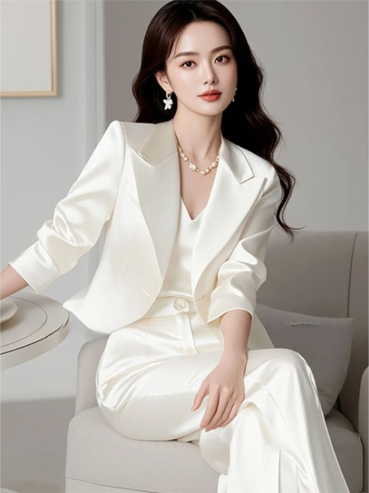 

Fashion Elegant Temperament Notched Collar Coat Women+ 2025 Early Autumn New Loose Wide Leg Pants White Two Piece Sets